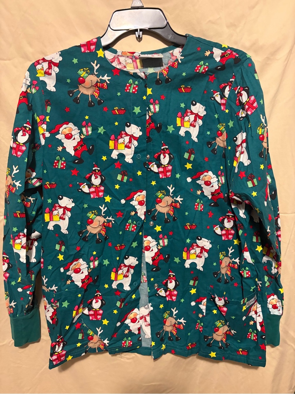 Smart Scrubs Teal Holiday Pullover Sweater with Festive Character Print
